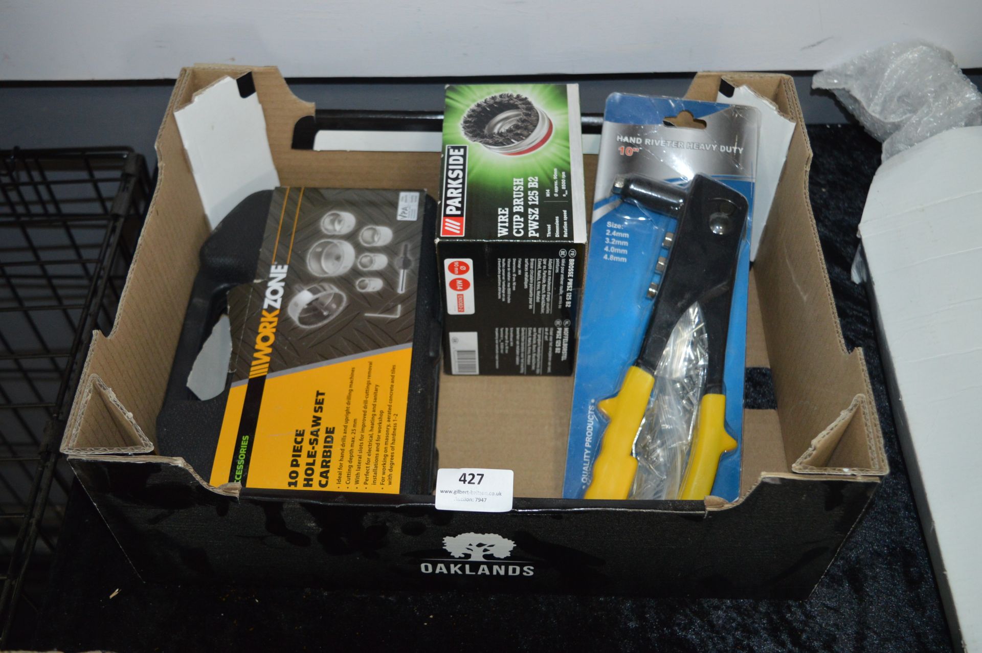 Box of Tools Including 10 Piece Hole Saw, Wire Bru