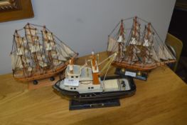 Two Model Sailing Boats and a Tug