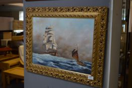 Gilt Framed Oil Painting on Board - Sailing Ship