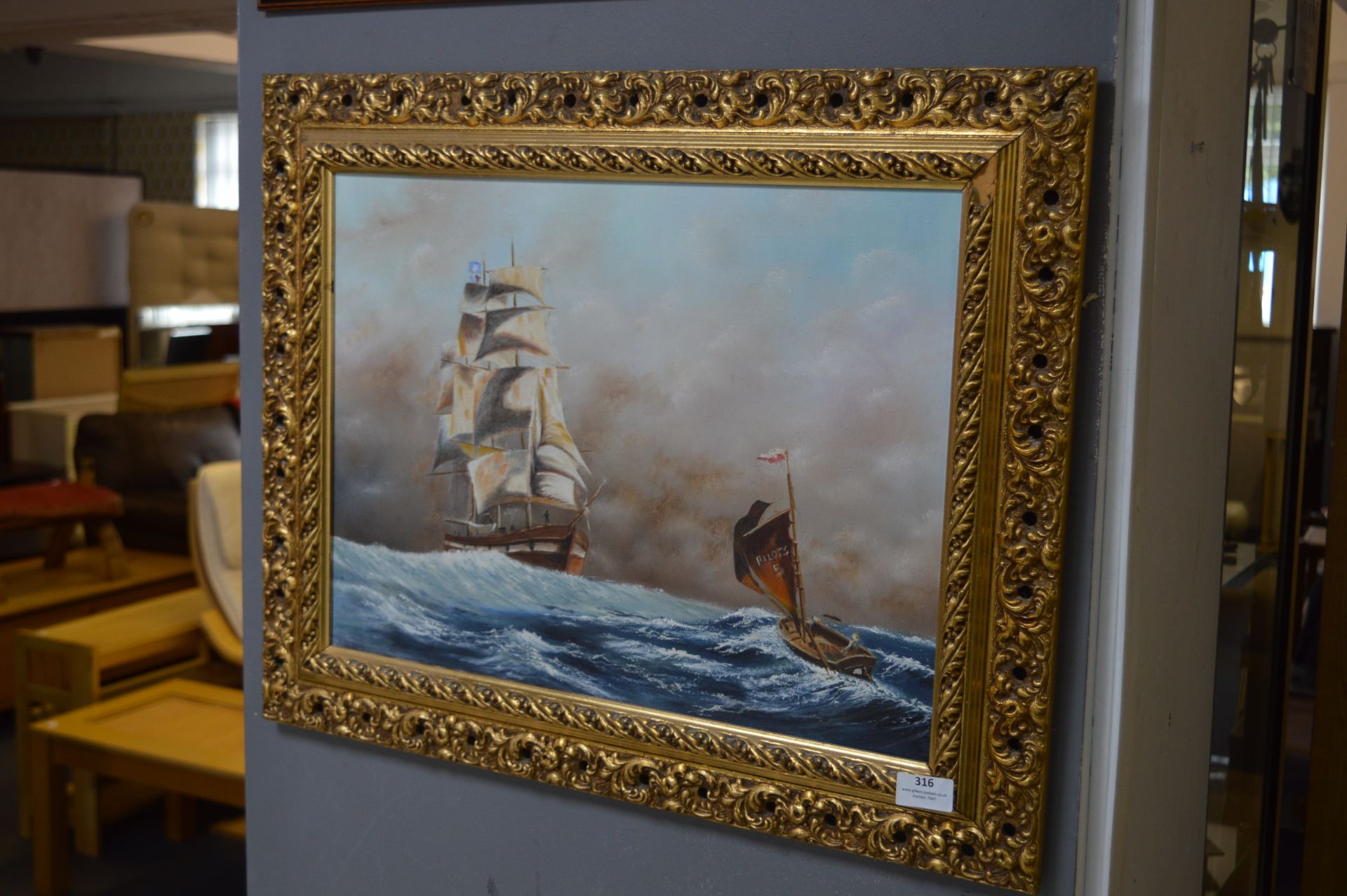 Gilt Framed Oil Painting on Board - Sailing Ship