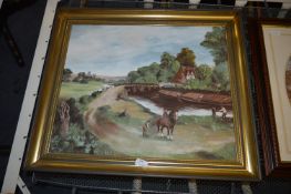 Gilt Framed Oil Painting on Board - Country Rivers