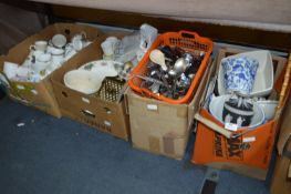 Four Boxes of Planters, Cutlery, Dinner & Tea Ware