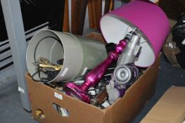 Box of Assorted Table Lamps, Bins, Cutlery, Decorative Plates, etc.