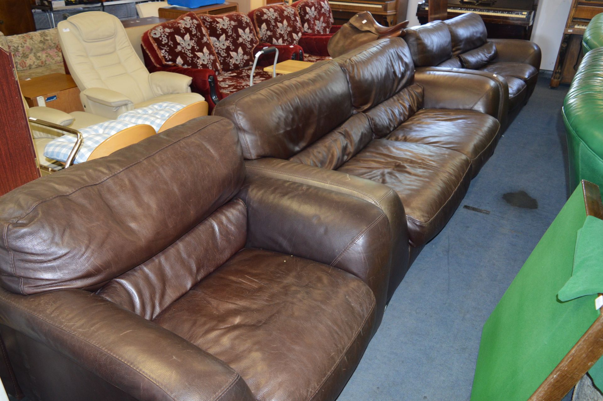 Brown Leather Three Piece Suite; Three Seat Settee