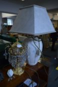 White Painted Pottery Table Lamp and Brass Droplet