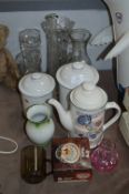 Glass Vases, Pottery Containers, Coffee Pot, etc.