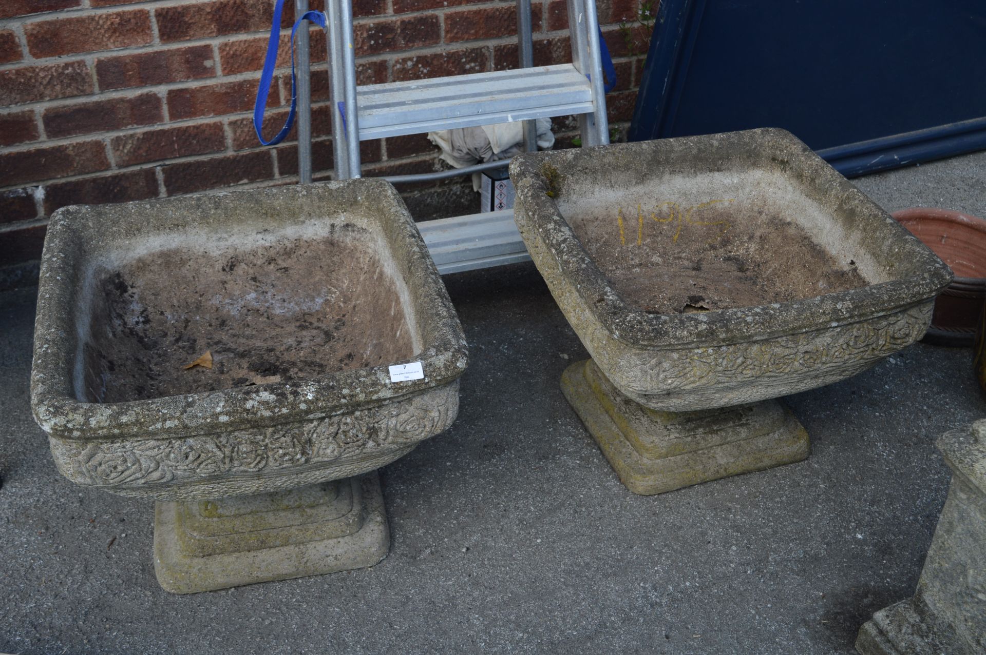 Pair of Concrete Garden Planters on Plinths with R