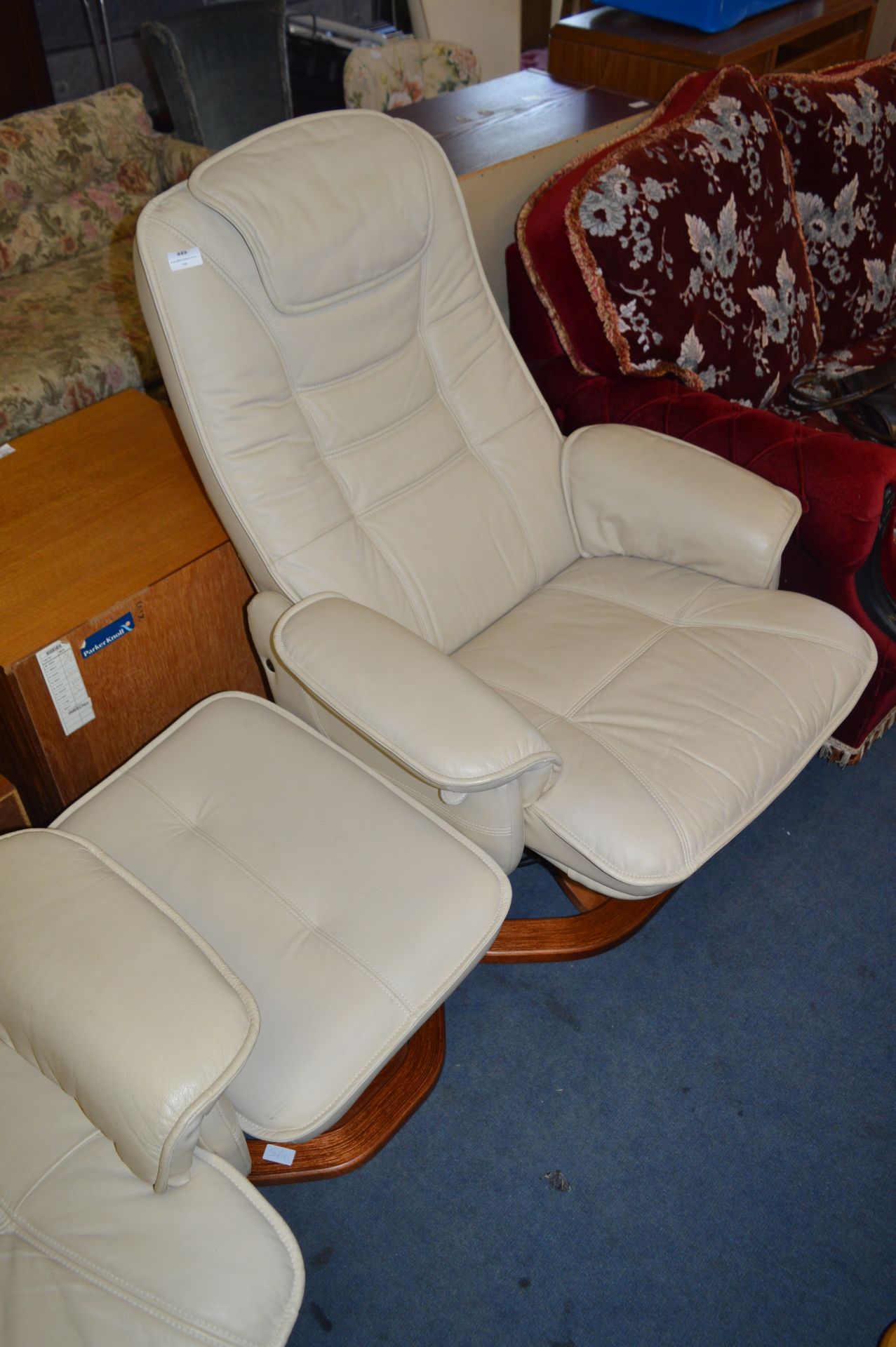 Cream Leather Swivel Armchair with Footstool