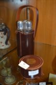 Leather Cased Three Flasks Drinks Holder