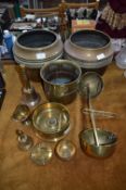 Brassware Scales, Jardinieres, Ash Trays and a Bel