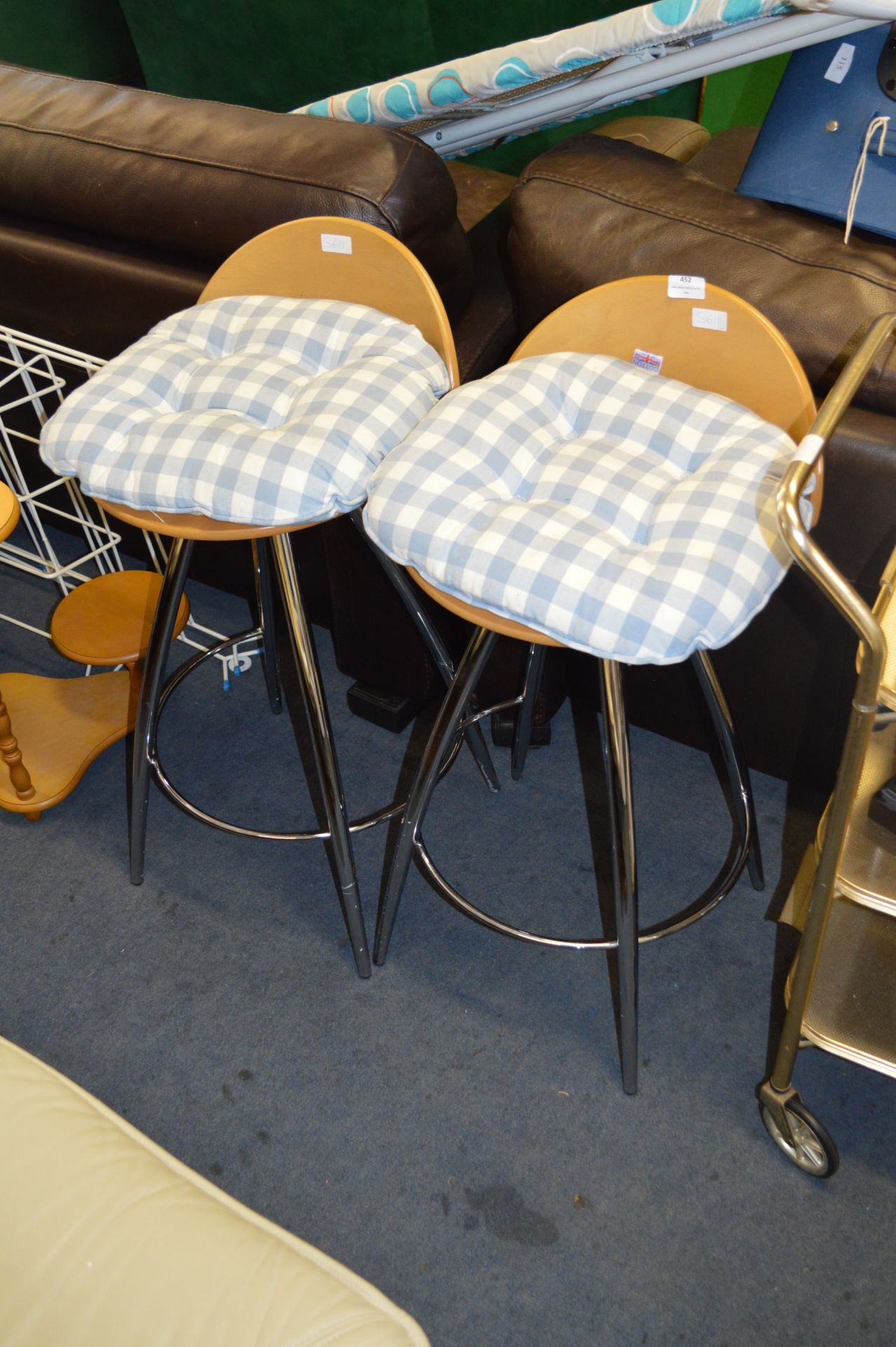 Pair of Chrome & Beech Seated Bar Stools