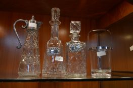 Claret Jug, Two Decanters with Labels and an Ice B