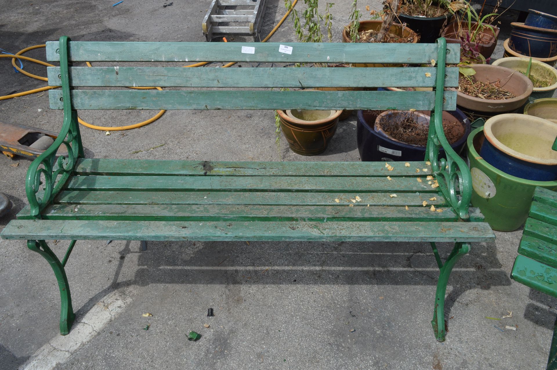 Green Painted Garden Bench with Cast Metal Support