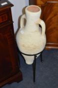 Stoneware Pottery Urn on Wrought Metal Stand