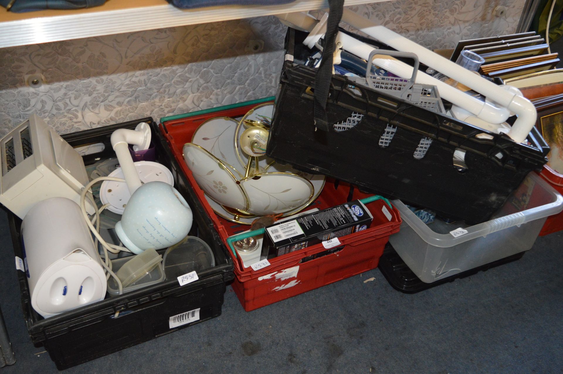 Four Tray Boxes Containing Ceiling Lights, Toasters, etc...