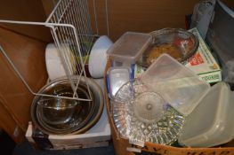 Two Boxes of Kitchen Ware, Mixing Bowls, Cake Dish