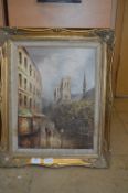 Gilt Framed Oil Painting - Continental Street Scen