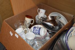 Box Containing Dinnerware, Mugs, Glassware, Silver