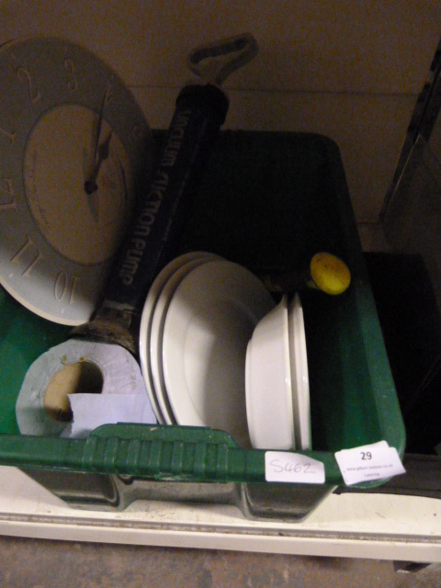 Box Containing Vacuum Pump, Clocks, Plates, etc.