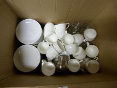 *Box of White Tea Cups, Dishes, Glasses, etc.