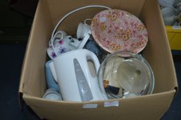 Large Box of Kitchen Items, Dinner and Tea Ware, J