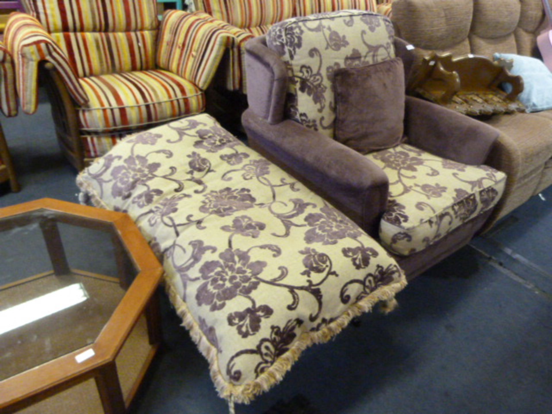 Purple Upholstered Arm Chair with Matching Stool and Large Cushion