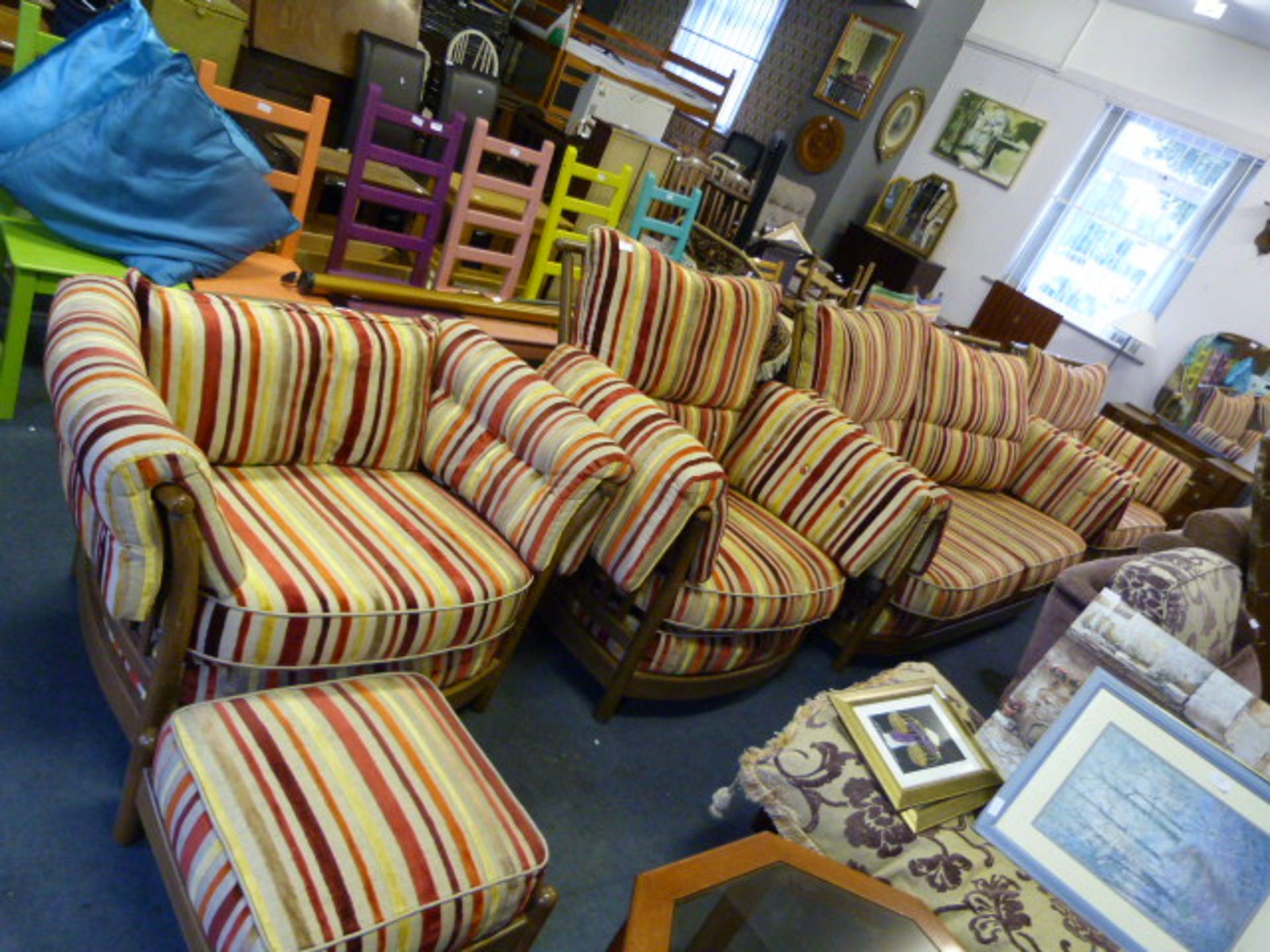 Ercol Golden Dawn Framed 5 Piece Sweet with Striped Upholstered Seats Including 3 Seater, 2