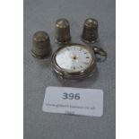 Ladies Silver Pocket Watch with Enamel Face and Three Silver Thimbles