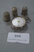 Ladies Silver Pocket Watch with Enamel Face and Three Silver Thimbles