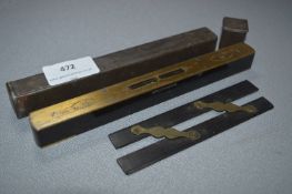 Mathieson & Son Ebony Parallel Rule and a Brass & Rosewood Spirit Level