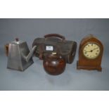 Pair of Bowling Woods in Case, Mahogany Mantel Clock and a Plated Teapot