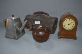 Pair of Bowling Woods in Case, Mahogany Mantel Clock and a Plated Teapot