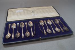 Cased Set of 12 Teaspoons Plus Sugar Tongs - Sheffield 1918, Approx 158g