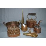 Selection of Copper Ware Including Kettle, Pan, Jelly Mould, Horn, Powder Flask, etc.