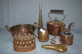 Selection of Copper Ware Including Kettle, Pan, Jelly Mould, Horn, Powder Flask, etc.