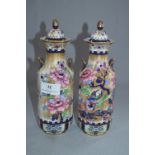Pair of Victorian Floral Painted Twin Handled Vases with Lids