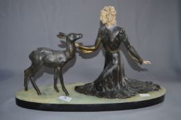 Art Deco Figurine on Marble Base - Lady with Deer