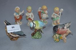 Three Beswick Bird Figurines and Four German Pottery Figurines