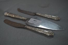 Silver Handled Cake Slice and Two Knives - Sheffield 1976