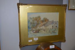 Gilt Framed Watercolour - Farming Scene with Cattle by W.Woodhouse