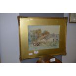 Gilt Framed Watercolour - Farming Scene with Cattle by W.Woodhouse