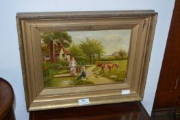 Gilt Framed Oil on Canvas - Country Farm Scene with Figures and Cattle to Foreground