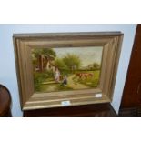Gilt Framed Oil on Canvas - Country Farm Scene with Figures and Cattle to Foreground