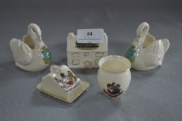 Crested Ware Church, Swans, Cheese Dish and Vase