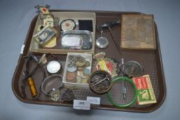 Tray Lot of Collectibles; Wrist and Pocket Watches, Keys, Car Badges, Military, etc.
