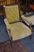 Victorian Mahogany Framed Inlaid Button Back Armchair with Musical Instrument Inlay