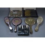 Cased Silver Plated Cutlery, Sewing Set and Vanity Brush & Mirror Sets