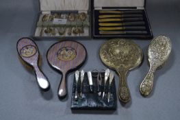 Cased Silver Plated Cutlery, Sewing Set and Vanity Brush & Mirror Sets
