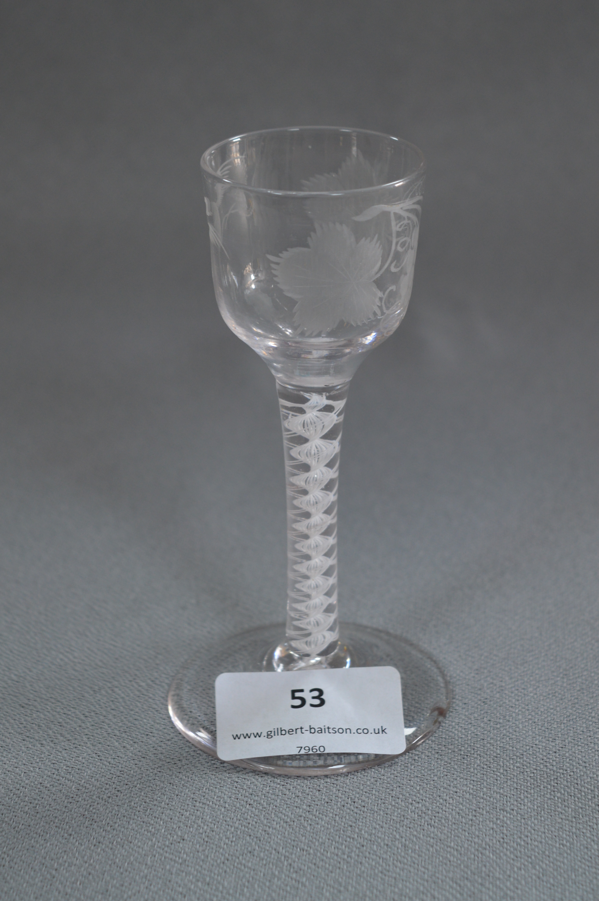 Georgian Air Twist Stem Glass with Engraved Grape Decoration