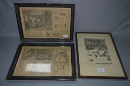 Set of Three Engraving Prints - 18th Century Tannery